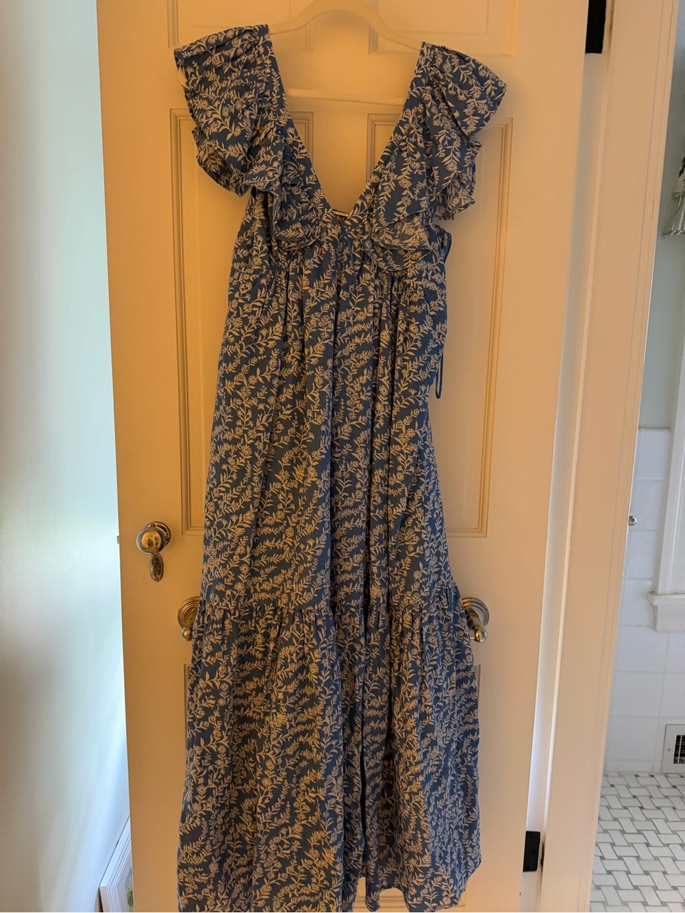 Elie Tahari Blue and White Floral Ruffle Maxi Dress